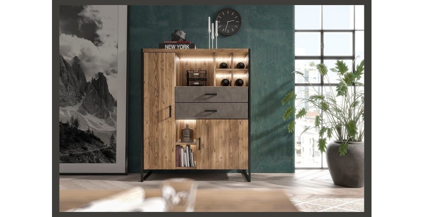 Vaisselier style industriel avec LED intégrées collection ZOLA. Coloris épicéa et gris. 2 Portes et 2 Tiroirs