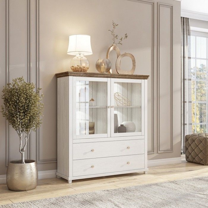 Vaisselier avec LED intégrées collection ASSIA. Coloris frêne blanc et chêne. 2 Portes et 2 Tiroirs