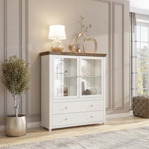 Vaisselier avec LED intégrées collection ASSIA. Coloris frêne blanc et chêne. 2 Portes et 2 Tiroirs