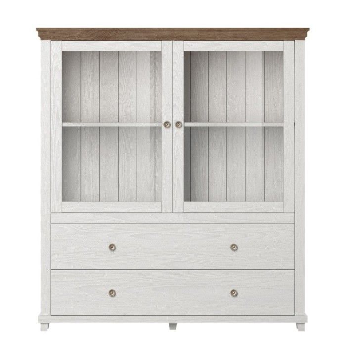 Vaisselier avec LED intégrées collection ASSIA. Coloris frêne blanc et chêne. 2 Portes et 2 Tiroirs