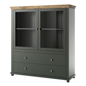Vaisselier avec LED intégrées collection ASSIA. Coloris vert et chêne. 2 Portes et 2 Tiroirs