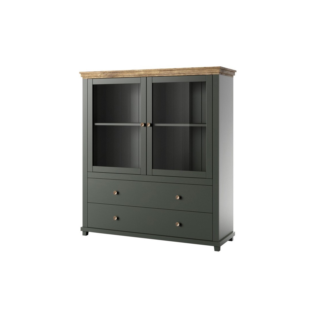 Vaisselier avec LED intégrées collection ASSIA. Coloris vert et chêne. 2 Portes et 2 Tiroirs