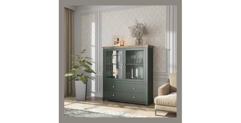 Vaisselier avec LED intégrées collection ASSIA. Coloris vert et chêne. 2 Portes et 2 Tiroirs