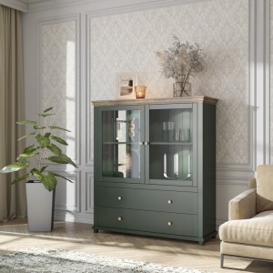 Vaisselier avec LED intégrées collection ASSIA. Coloris vert et chêne. 2 Portes et 2 Tiroirs