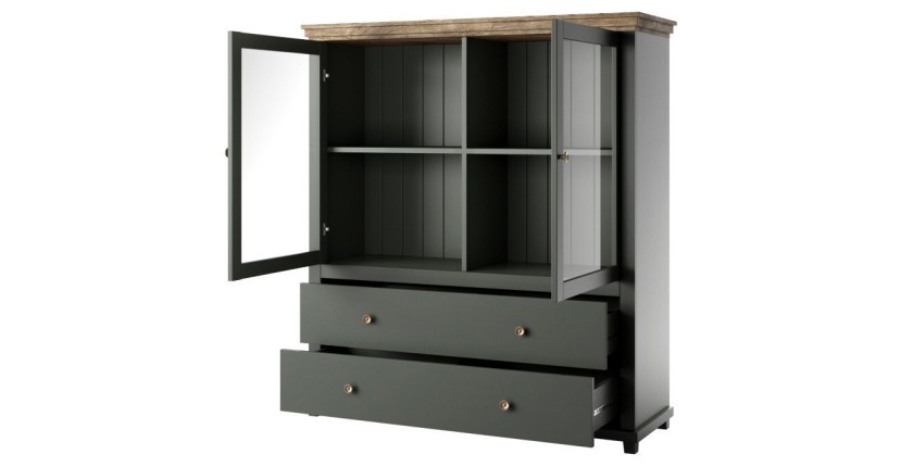 Vaisselier avec LED intégrées collection ASSIA. Coloris vert et chêne. 2 Portes et 2 Tiroirs