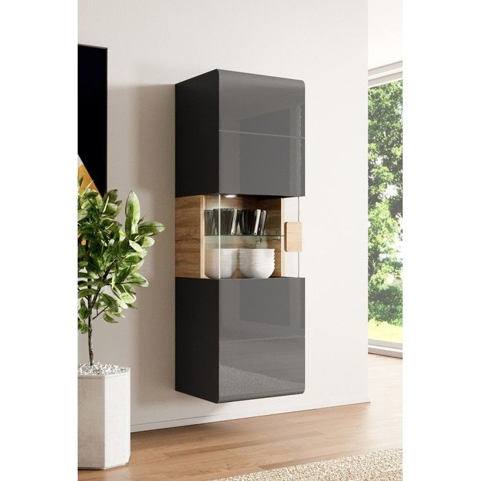Vitrine suspendue + LED collection OHIO coloris gris anthracite et chêne.