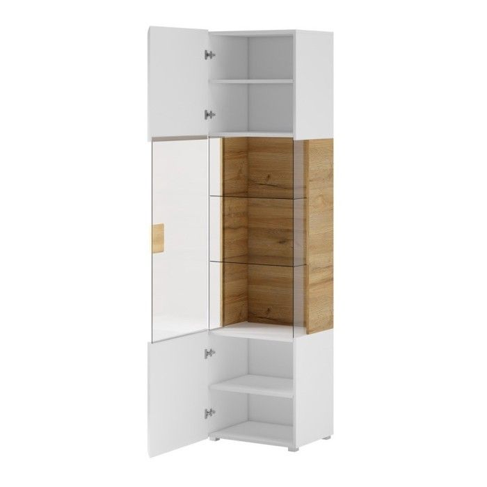 Vitrine design collection OHIO modèle haut + LED. Coloris blanc et finition aspect chêne.