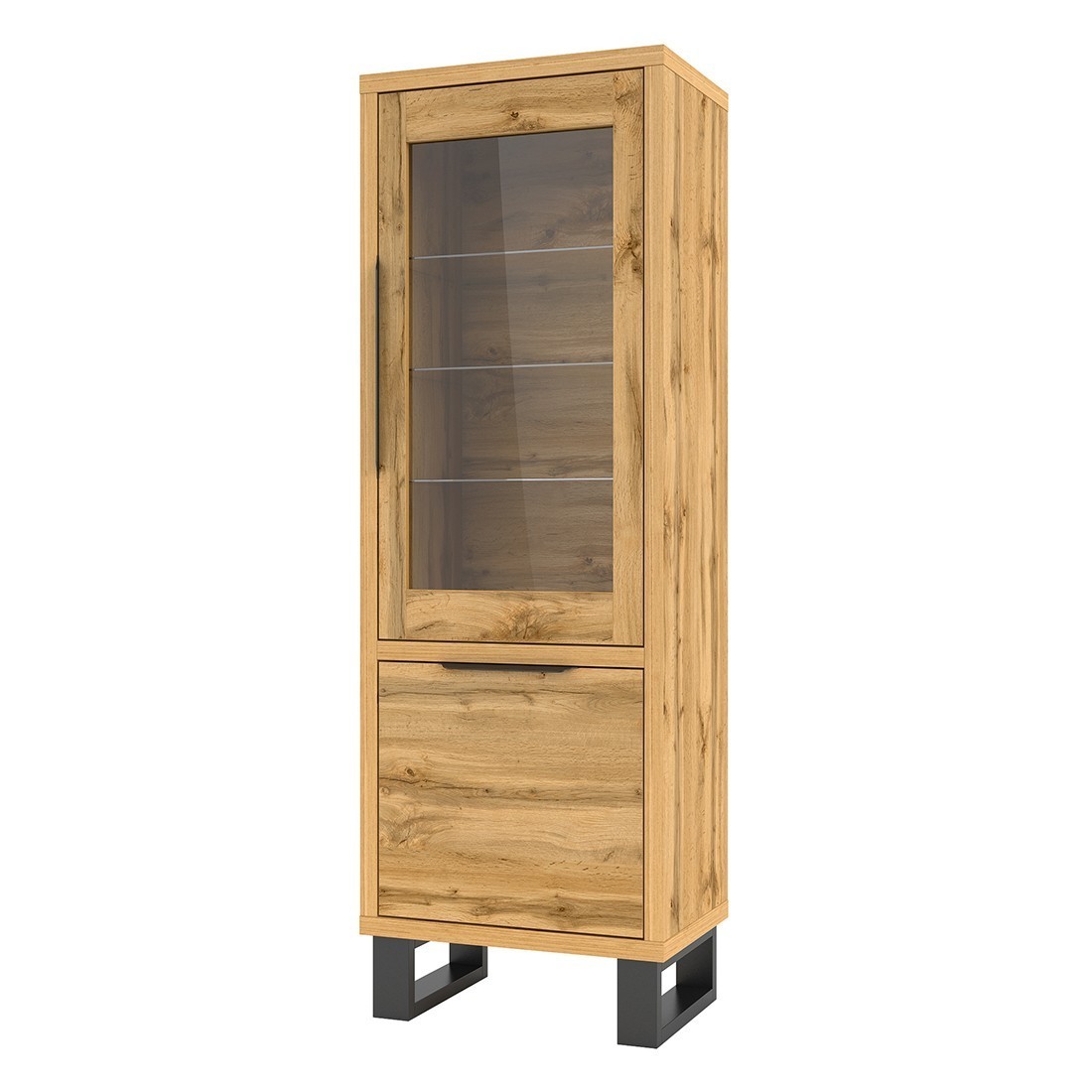 Vitrine coloris chêne collection MILO. Finition noires. Meuble idéal pour votre salle à manger.