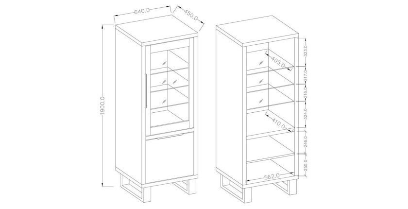 Vitrine coloris chêne collection MILO. Finition noires. Meuble idéal pour votre salle à manger.