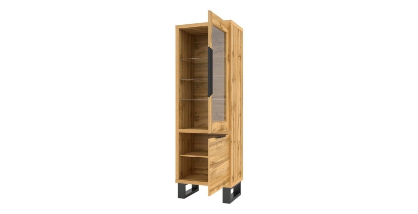 Vitrine coloris chêne collection MILO. Finition noires. Meuble idéal pour votre salle à manger.