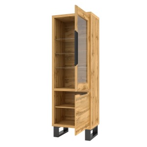 Vitrine coloris chêne collection MILO. Finition noires. Meuble idéal pour votre salle à manger.