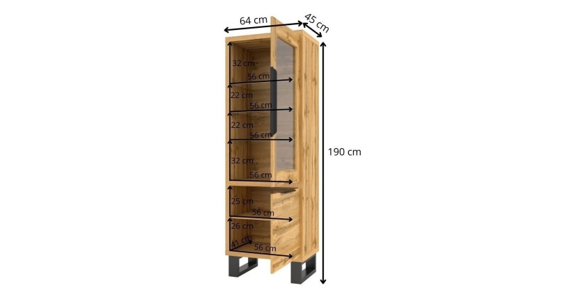 Vitrine coloris chêne collection MILO. Finition noires. Meuble idéal pour votre salle à manger.