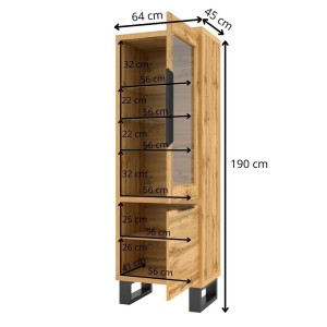 Vitrine coloris chêne collection MILO. Finition noires. Meuble idéal pour votre salle à manger.