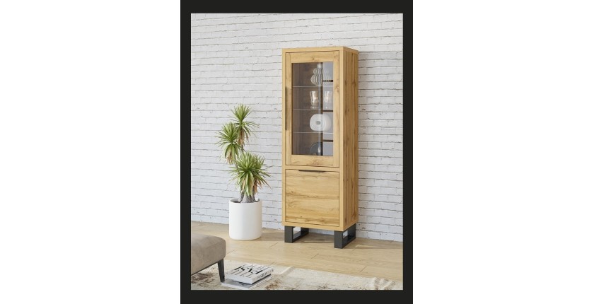 Vitrine coloris chêne collection MILO. Finition noires. Meuble idéal pour votre salle à manger.