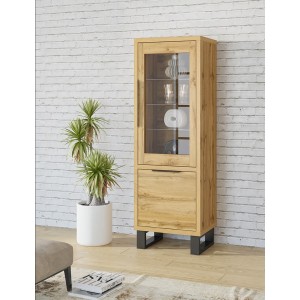 Vitrine coloris chêne collection MILO. Finition noires. Meuble idéal pour votre salle à manger.
