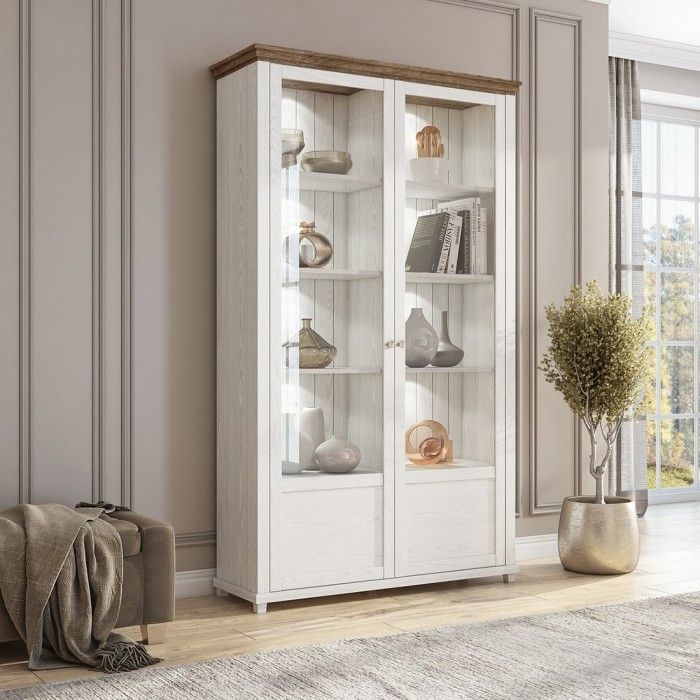Vitrine large 2 portes avec LED intégrées collection ASSIA. Couleur frêne blanc et chêne.