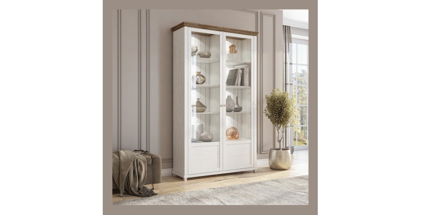 Vitrine large 2 portes avec LED intégrées collection ASSIA. Couleur frêne blanc et chêne.