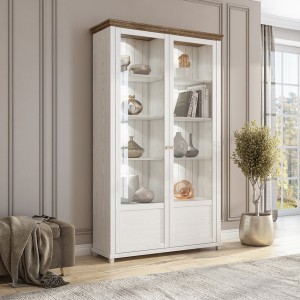 Vitrine large 2 portes avec LED intégrées collection ASSIA. Couleur frêne blanc et chêne.