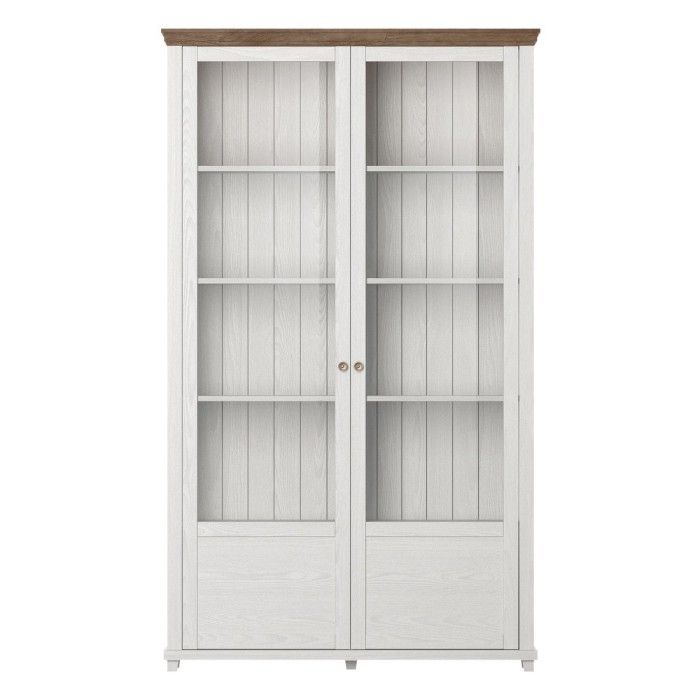 Vitrine large 2 portes avec LED intégrées collection ASSIA. Couleur frêne blanc et chêne.