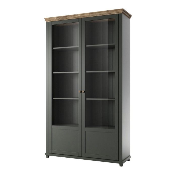 Vitrine large 2 portes avec LED intégrées collection ASSIA. Couleur vert et chêne.