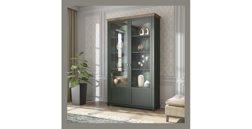 Vitrine large 2 portes avec LED intégrées collection ASSIA. Couleur vert et chêne.