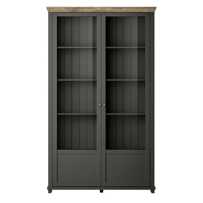 Vitrine large 2 portes avec LED intégrées collection ASSIA. Couleur vert et chêne.