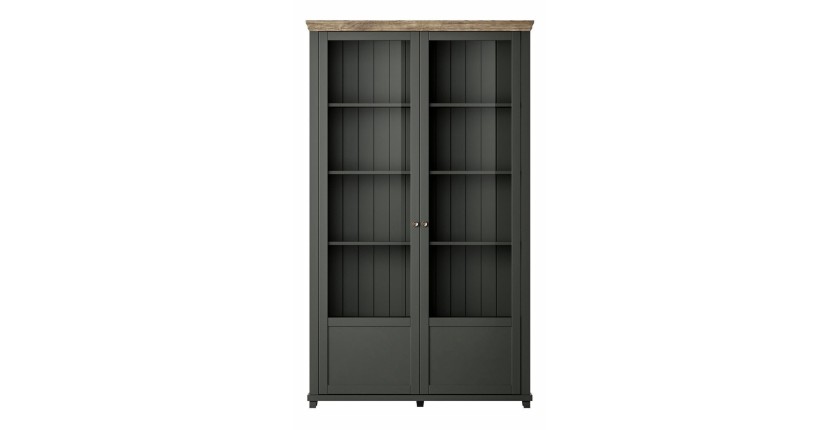 Vitrine large 2 portes avec LED intégrées collection ASSIA. Couleur vert et chêne.