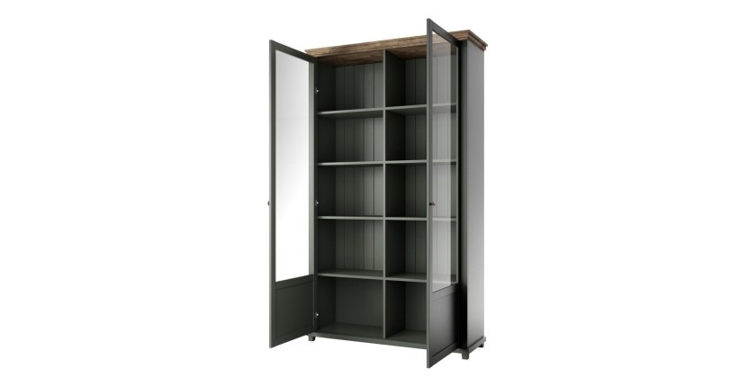 Vitrine large 2 portes avec LED intégrées collection ASSIA. Couleur vert et chêne.