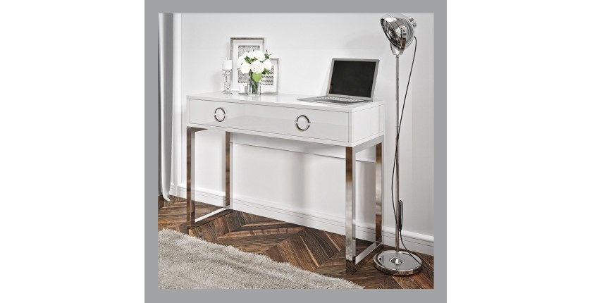 Bureau console avec 2 tiroirs collection MELTON coloris blanc, pieds en fer chromés.