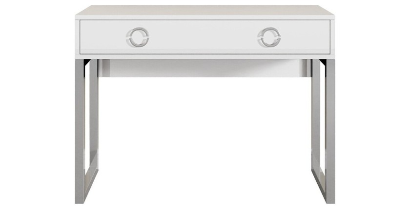 Bureau console avec 2 tiroirs collection MELTON coloris blanc, pieds en fer chromés.