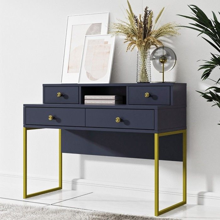 Bureau console avec 4 tiroirs collection DOUGLAS coloris bleu et doré