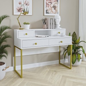 Ensemble de 2 meubles de bureau. Console et étagère collection DOUGLAS coloris blanc et doré