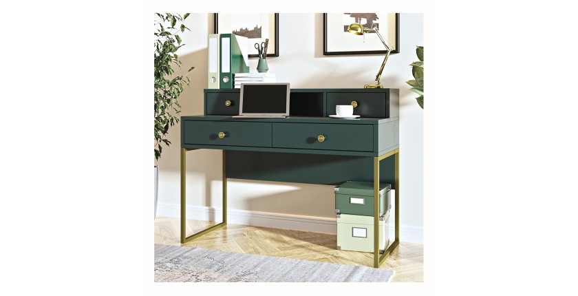 Ensemble de 2 meubles de bureau. Console et étagère collection DOUGLAS coloris vert et doré