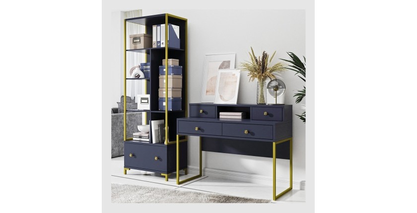 Ensemble de 2 meubles de bureau. Console et étagère collection DOUGLAS coloris bleu et doré