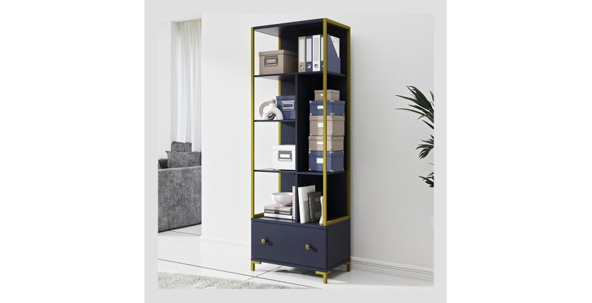 Ensemble de 2 meubles de bureau. Console et étagère collection DOUGLAS coloris bleu et doré