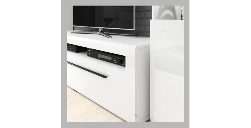 Meuble TV XL 160cm collection BREDA. Coloris blanc mat et blanc brillant. Style design.