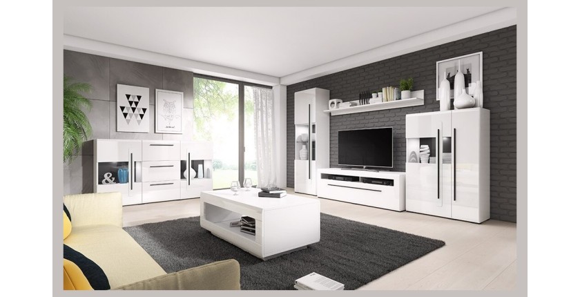 Meuble TV 140cm collection BREDA. Coloris blanc mat et blanc brillant. Style design.