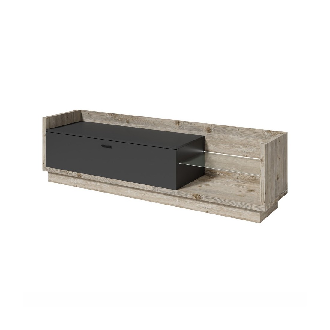 Meuble TV XL 220cm avec LED intégrée. Collection CORK. Coloris Pin et gris anthracite.