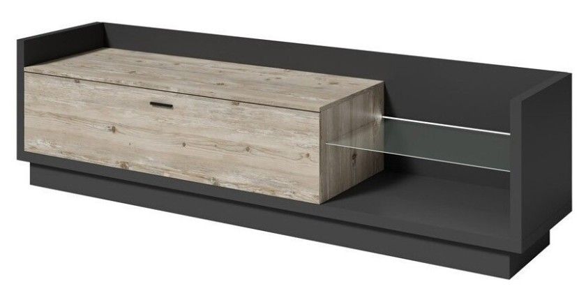 Meuble TV XL 220cm avec LED intégrée. Collection CORK. Coloris gris anthracite et pin.