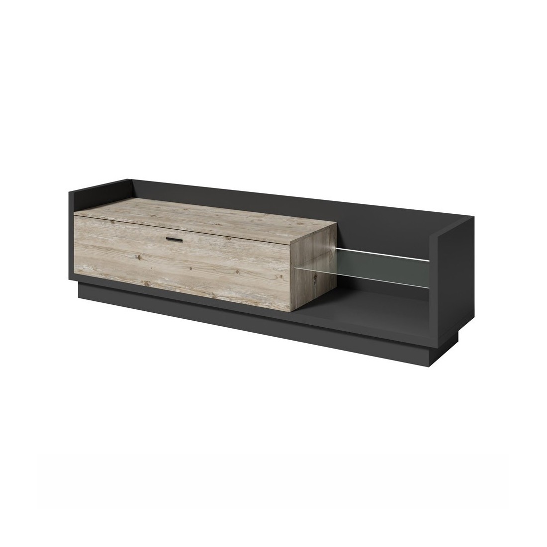 Meuble TV XL 220cm avec LED intégrée. Collection CORK. Coloris gris anthracite et pin.