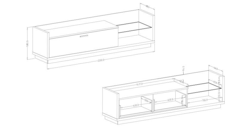 Meuble TV XL 220cm avec LED intégrée. Collection CORK. Coloris gris anthracite et pin.