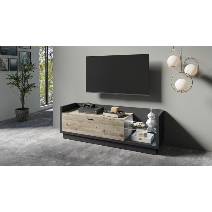 Meuble TV XL 220cm avec LED intégrée. Collection CORK. Coloris gris anthracite et pin.