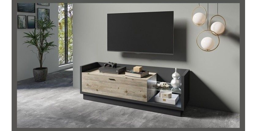 Meuble TV XL 220cm avec LED intégrée. Collection CORK. Coloris gris anthracite et pin.