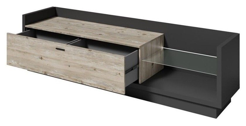 Meuble TV XL 220cm avec LED intégrée. Collection CORK. Coloris gris anthracite et pin.