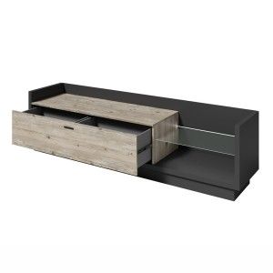 Meuble TV XL 220cm avec LED intégrée. Collection CORK. Coloris gris anthracite et pin.
