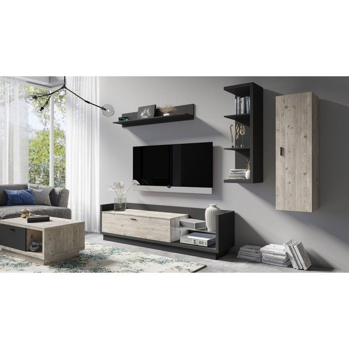 Meuble TV XL 220cm avec LED intégrée. Collection CORK. Coloris gris anthracite et pin.