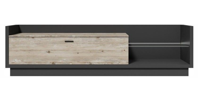 Meuble TV XL 220cm avec LED intégrée. Collection CORK. Coloris gris anthracite et pin.