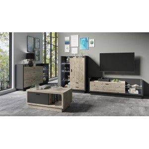 Meuble TV XL 220cm avec LED intégrée. Collection CORK. Coloris gris anthracite et pin.