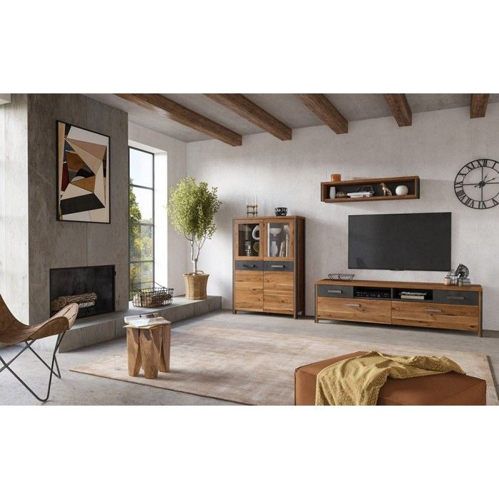 Meuble TV 190cm collection WINDSOR. Coloris chêne foncé et gris anthracite.