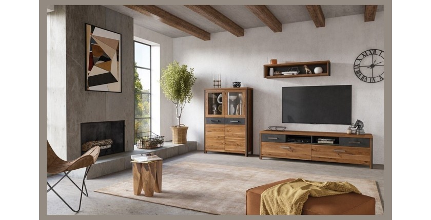 Meuble TV 190cm collection WINDSOR. Coloris chêne foncé et gris anthracite.